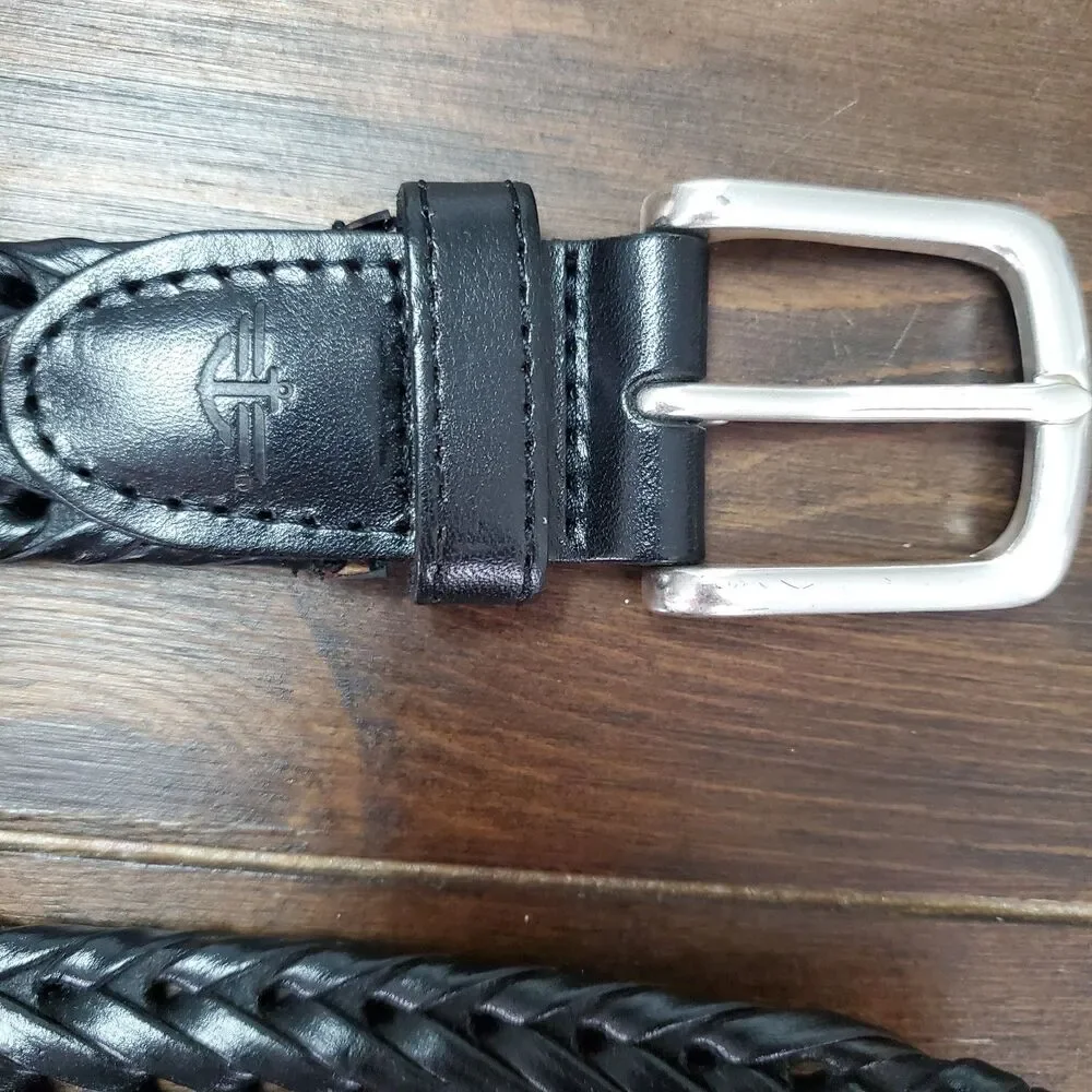 Dockers Braided Belt Men's 40 Black Leather Tab & Cord Woven Silvertone Buckle